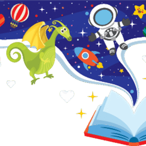 children's illustrated graphic, reading, inspiration, space, dragons, balloons